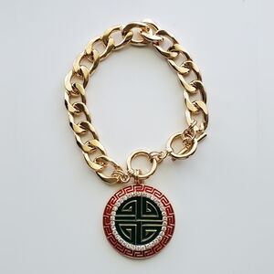 Greek Key Cuban Link Bracelet with Medallion